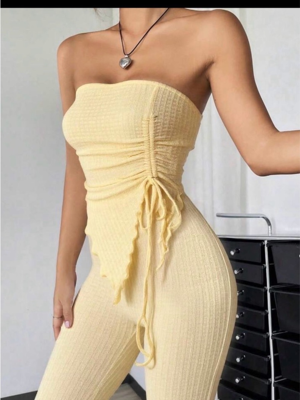 SHEIN Pale Yellow Strapless Ribbed Ruched Tie-Side Jumpsuit